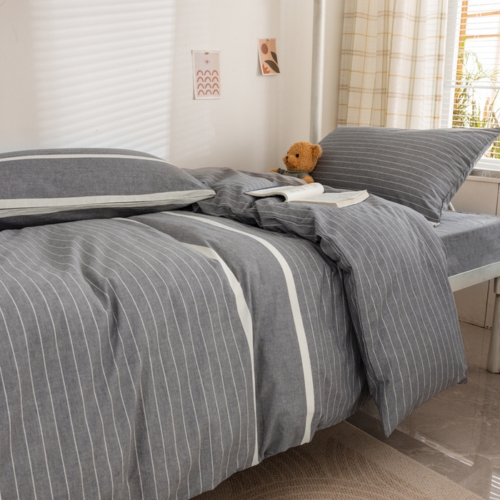 91家纺网 家纺一手货源 找家纺 柠萌家居 2025年新款色织A类学生宿舍床笠三件套床垫套 灰白条