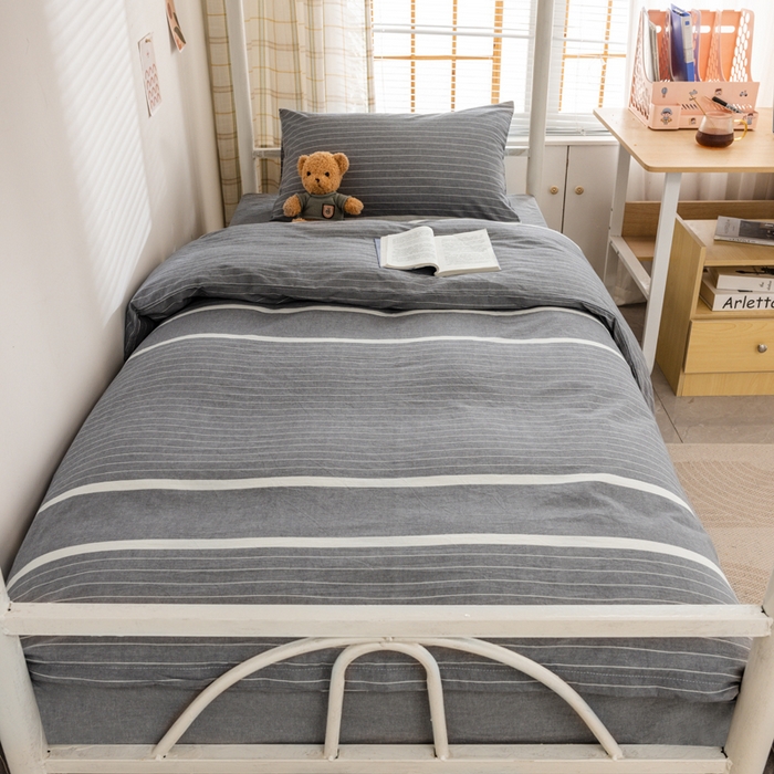 91家纺网 家纺一手货源 找家纺 柠萌家居 2025年新款色织A类学生宿舍床笠三件套床垫套 灰白条