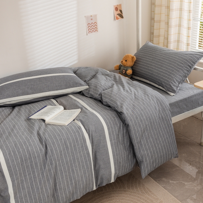 91家纺网 家纺一手货源 找家纺 柠萌家居 2025年新款色织A类学生宿舍床笠三件套床垫套 灰白条