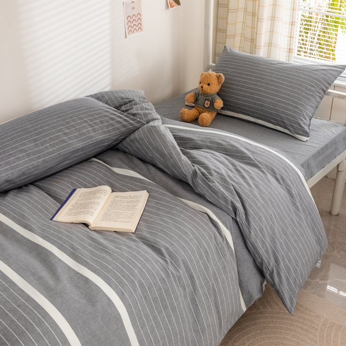 91家纺网 家纺一手货源 找家纺 柠萌家居 2025年新款色织A类学生宿舍床笠三件套床垫套 灰白条