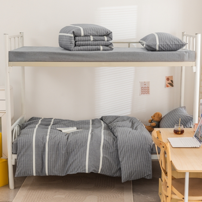 91家纺网 家纺一手货源 找家纺 柠萌家居 2025年新款色织A类学生宿舍床笠三件套床垫套 灰白条