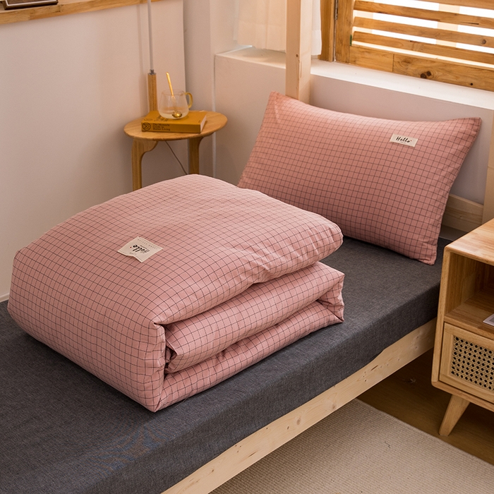 91家纺网 家纺一手货源 找家纺 柠萌家居 2025年新款色织A类学生宿舍床笠三件套床垫套 豆沙小格