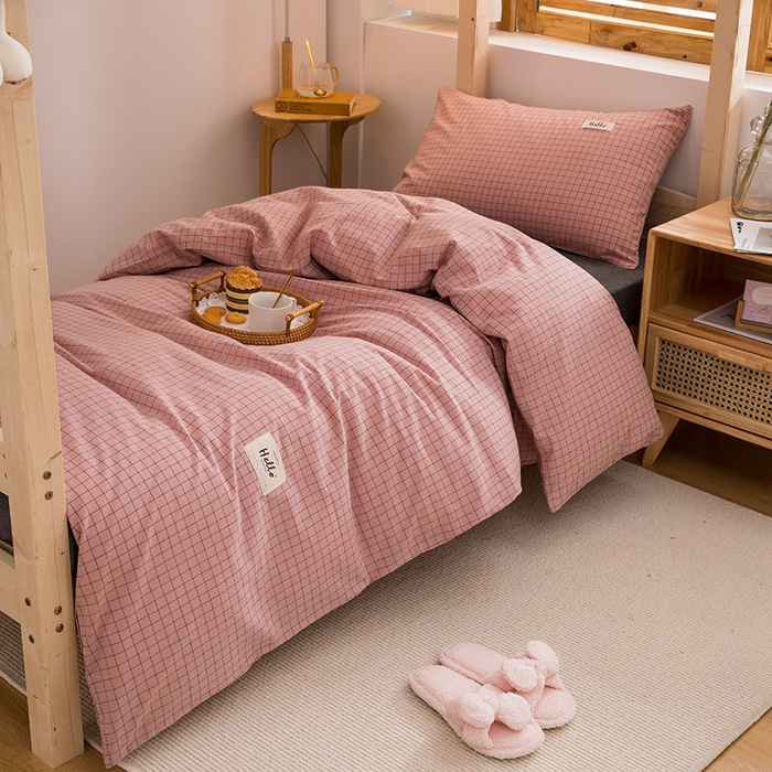 91家纺网 家纺一手货源 找家纺 柠萌家居 2025年新款色织A类学生宿舍床笠三件套床垫套 豆沙小格