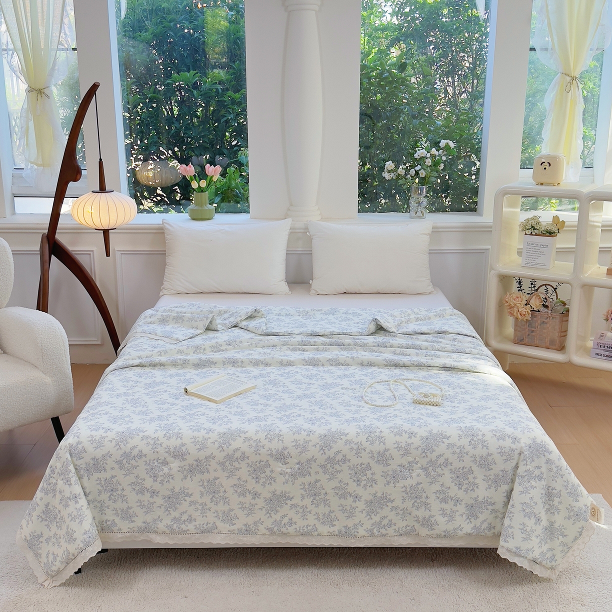 集布 2025新款100%全棉双层纱花边款夏被夏凉被素影繁花蓝