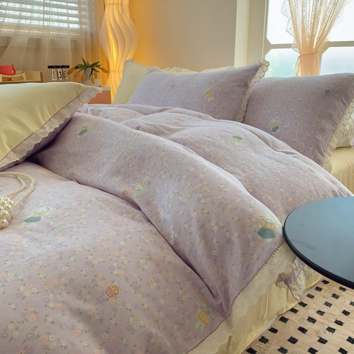 91家纺网 家纺一手货源 找家纺 （总） 奈萝家纺  2025新款全棉双层纱花边款四件套