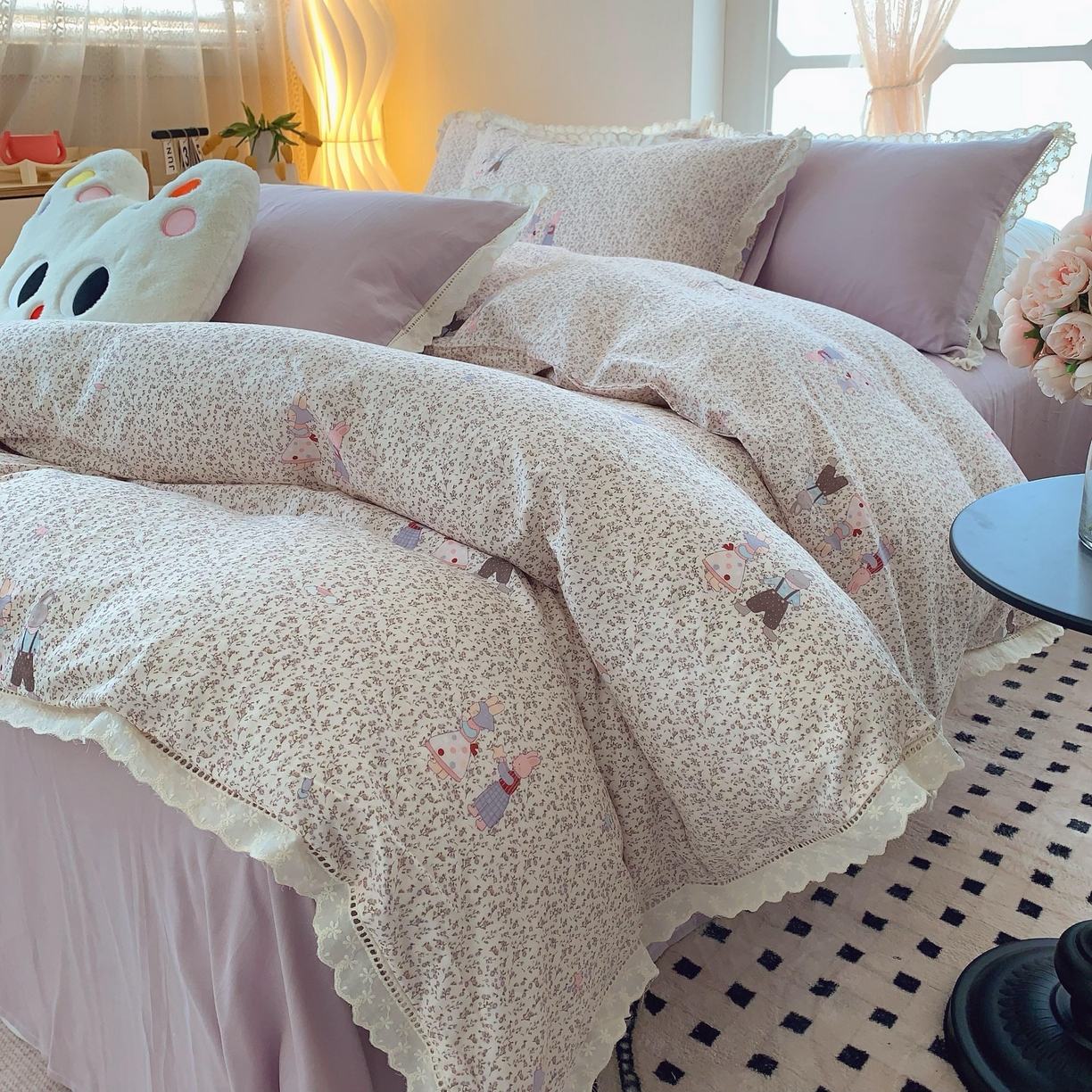 91家纺网 家纺一手货源 找家纺 （总） 奈萝家纺  2025新款全棉双层纱花边款四件套