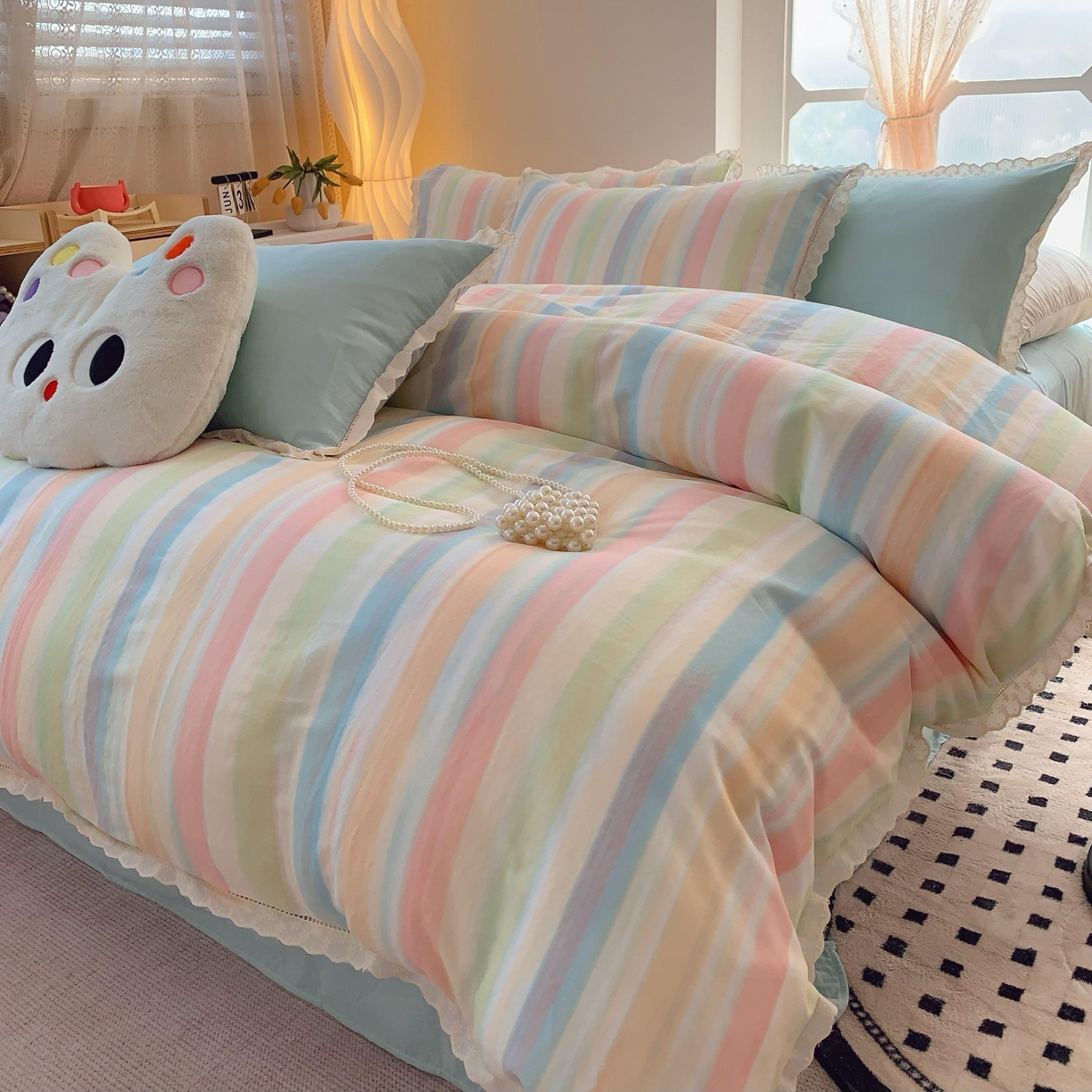 91家纺网 家纺一手货源 找家纺 奈萝家纺  2025新款全棉双层纱花边款四件套 月光旅程