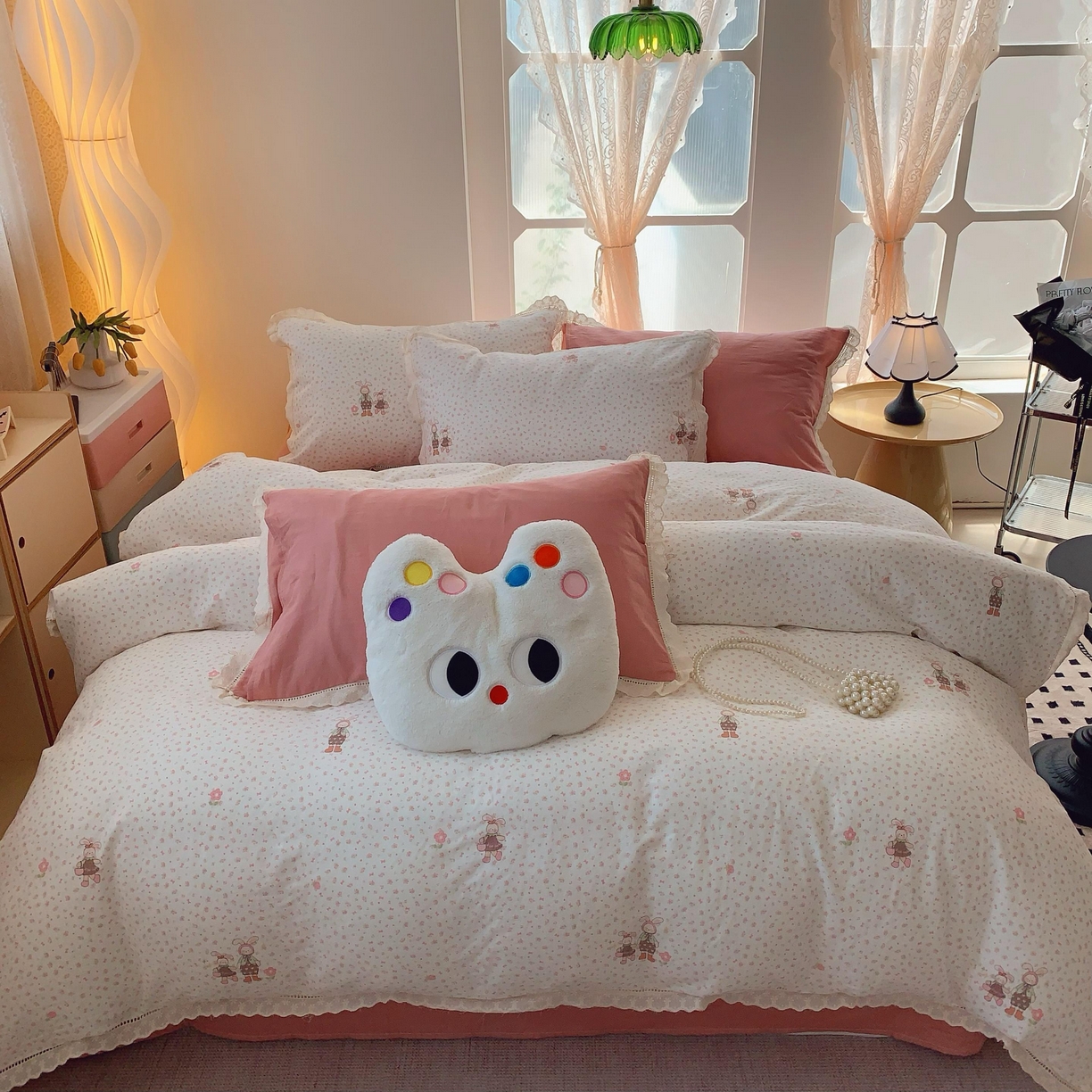 91家纺网 家纺一手货源 找家纺  奈萝家纺  2025新款全棉双层纱花边款四件套 童年月光