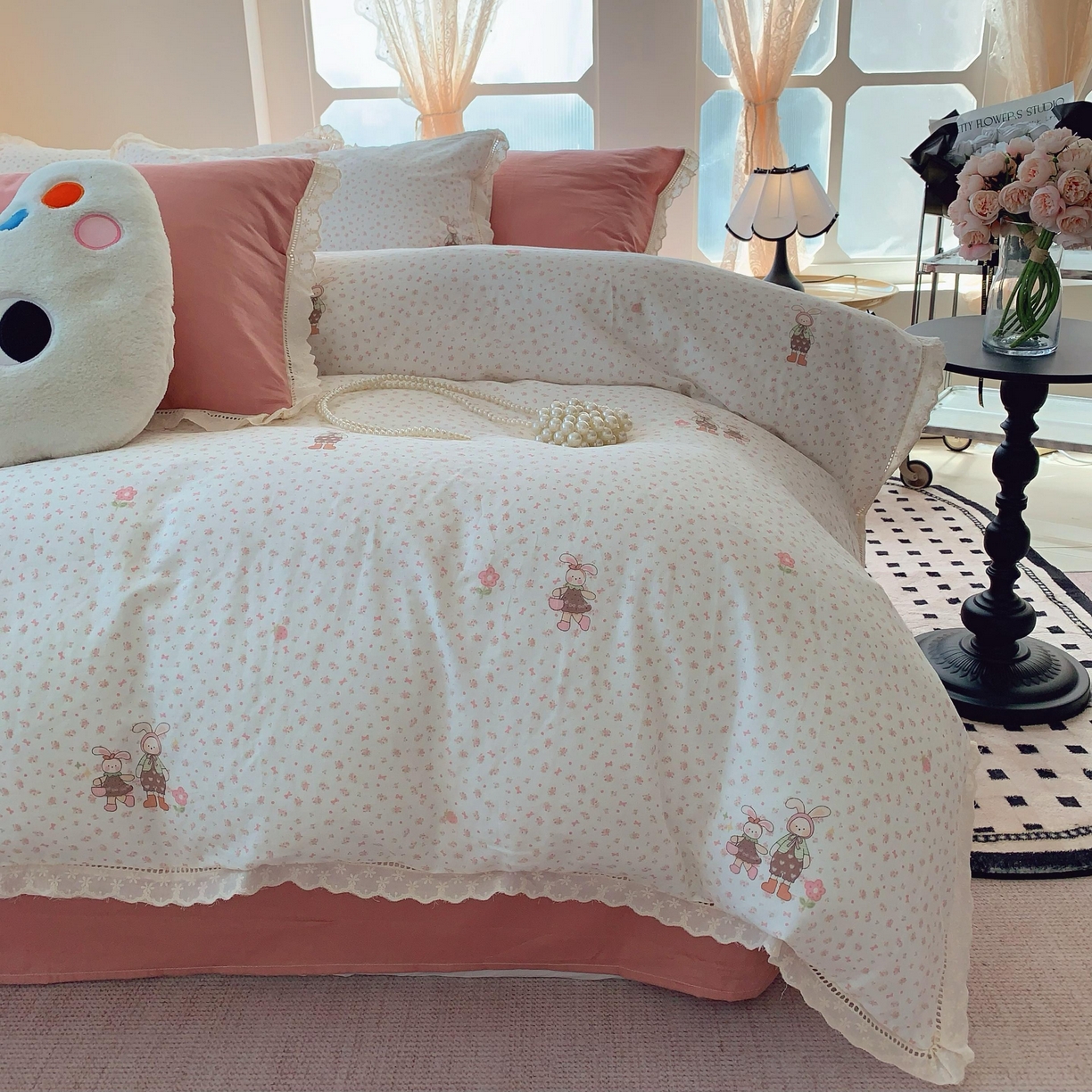 91家纺网 家纺一手货源 找家纺  奈萝家纺  2025新款全棉双层纱花边款四件套 童年月光