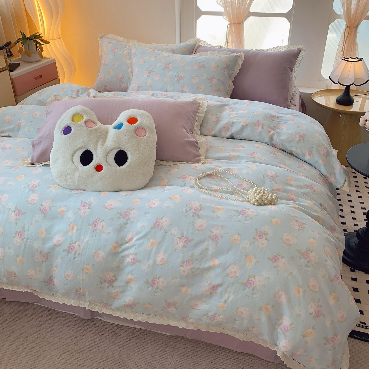 91家纺网 家纺一手货源 找家纺  奈萝家纺  2025新款全棉双层纱花边款四件套 韶华蓝