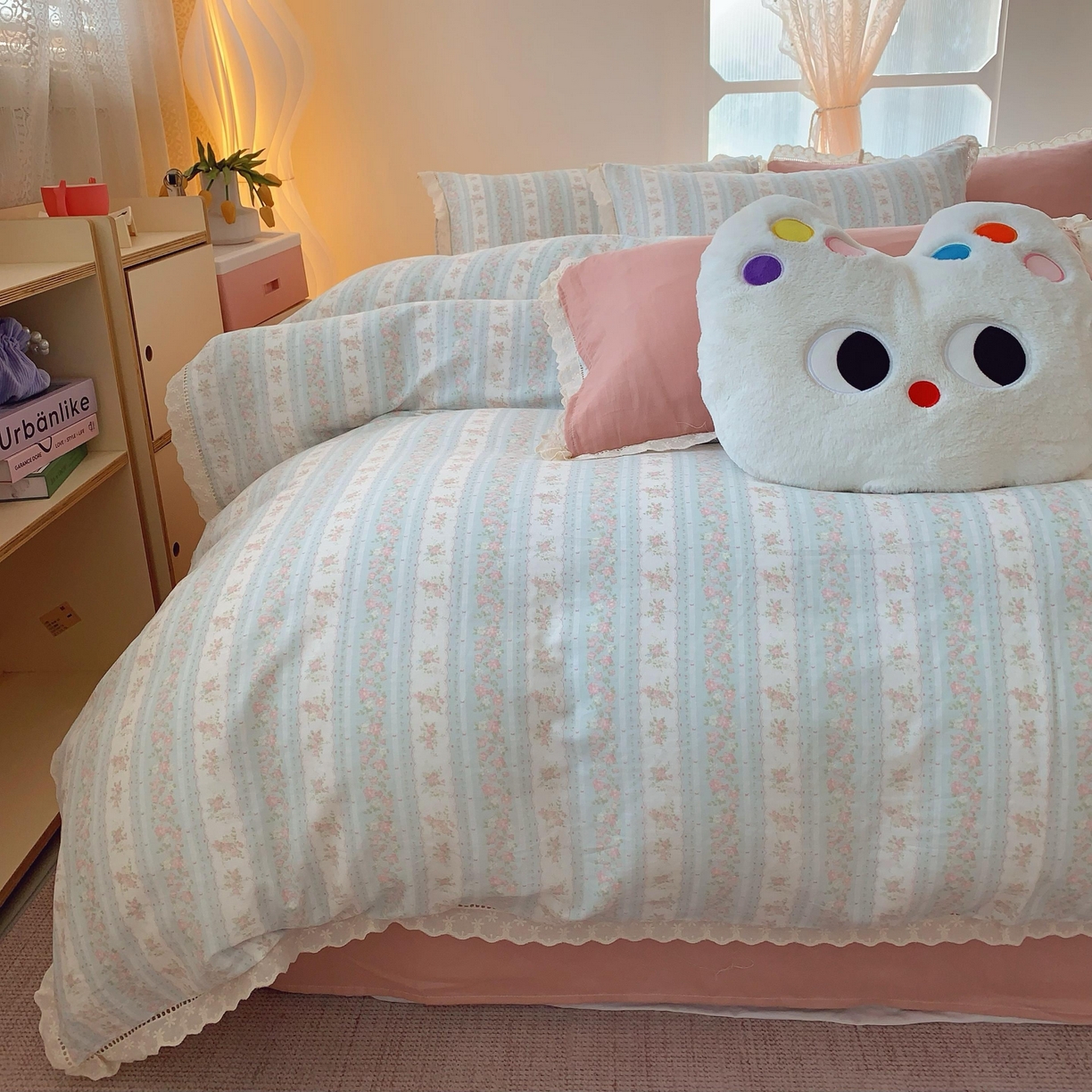 91家纺网 家纺一手货源 找家纺  奈萝家纺  2025新款全棉双层纱花边款四件套 花涧澈