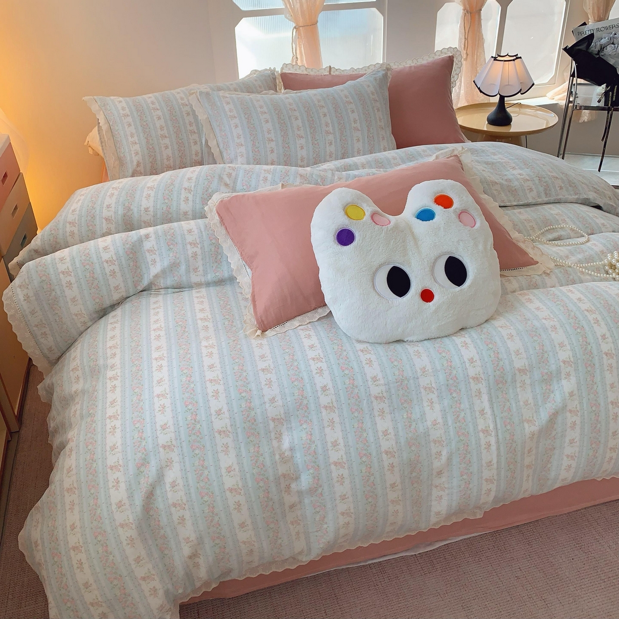 91家纺网 家纺一手货源 找家纺  奈萝家纺  2025新款全棉双层纱花边款四件套 花涧澈