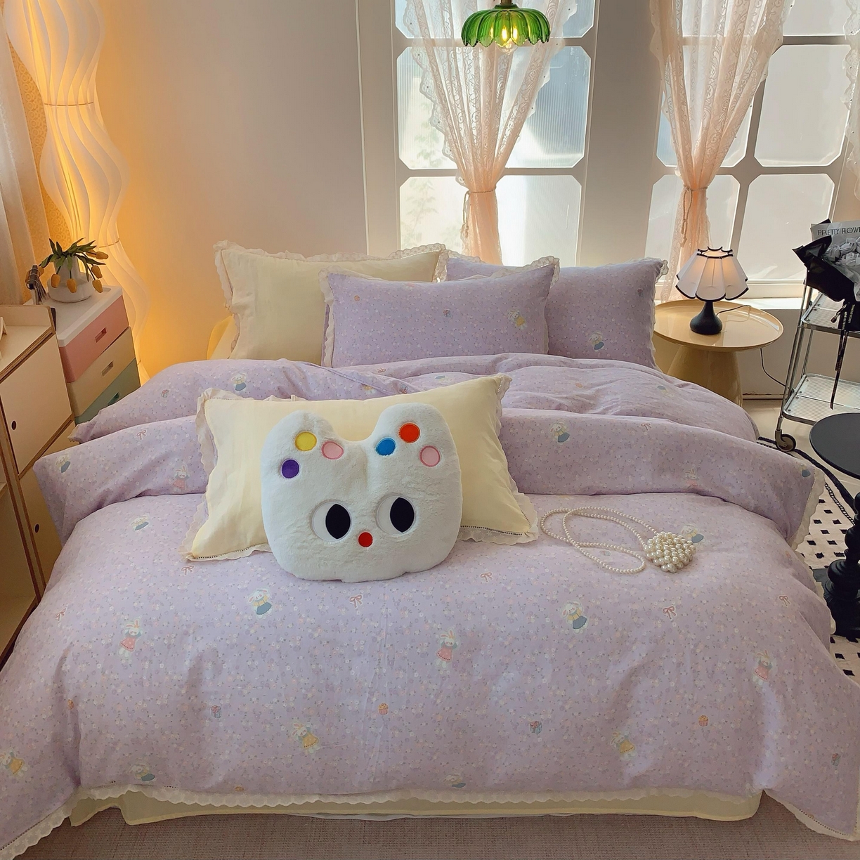  奈萝家纺  2025新款全棉双层纱花边款四件套 可爱兔仔