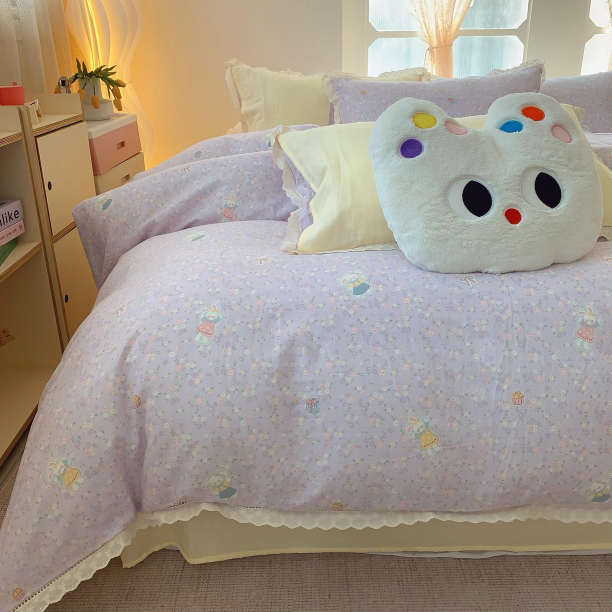 91家纺网 家纺一手货源 找家纺  奈萝家纺  2025新款全棉双层纱花边款四件套 可爱兔仔