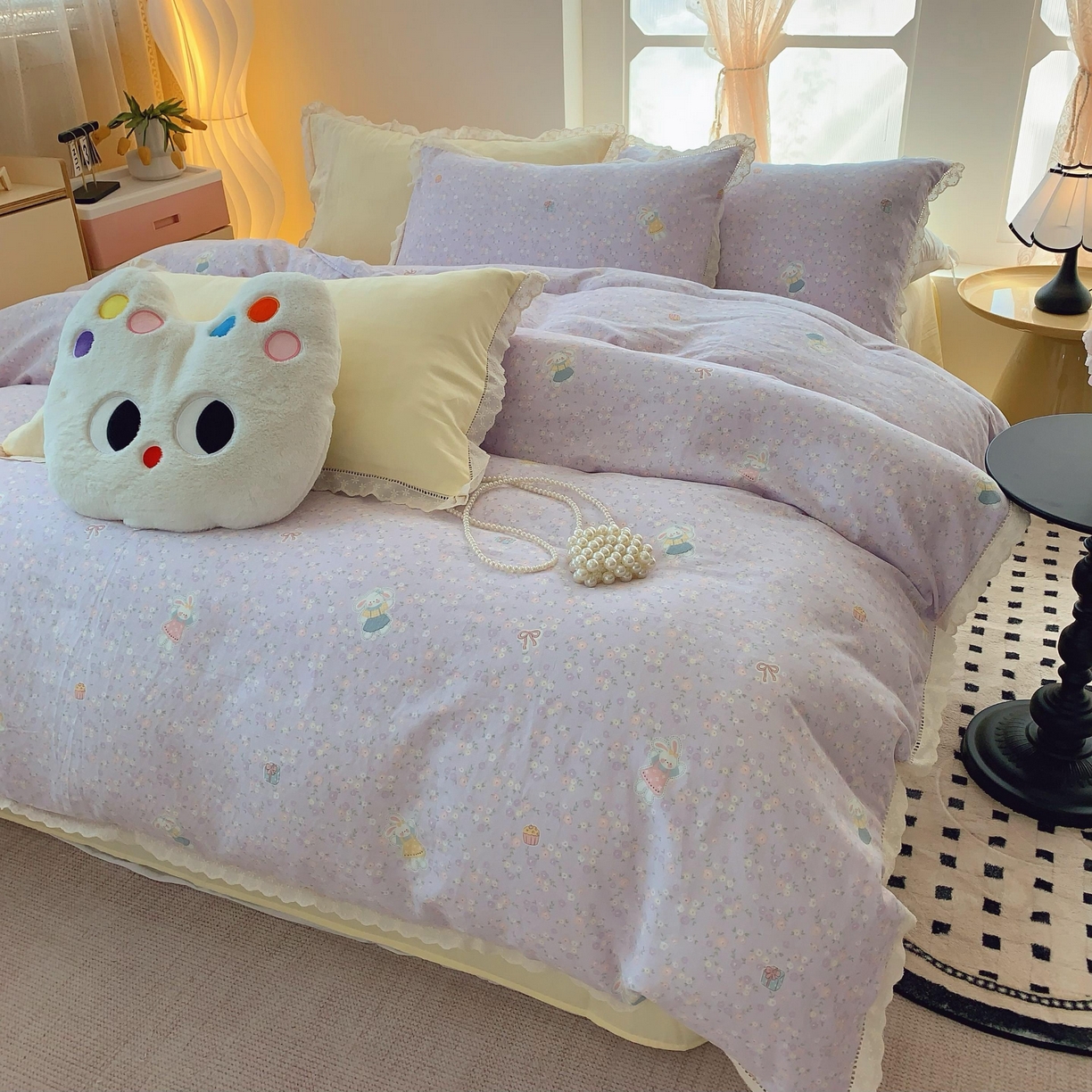 91家纺网 家纺一手货源 找家纺  奈萝家纺  2025新款全棉双层纱花边款四件套 可爱兔仔