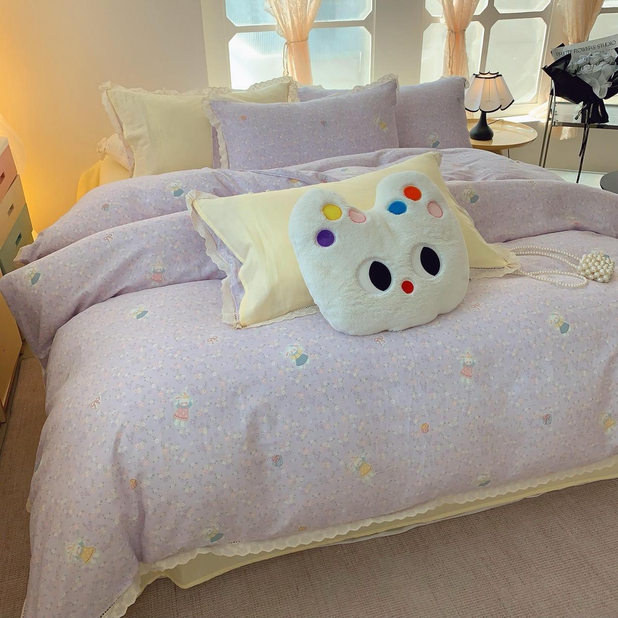 91家纺网 家纺一手货源 找家纺  奈萝家纺  2025新款全棉双层纱花边款四件套 可爱兔仔