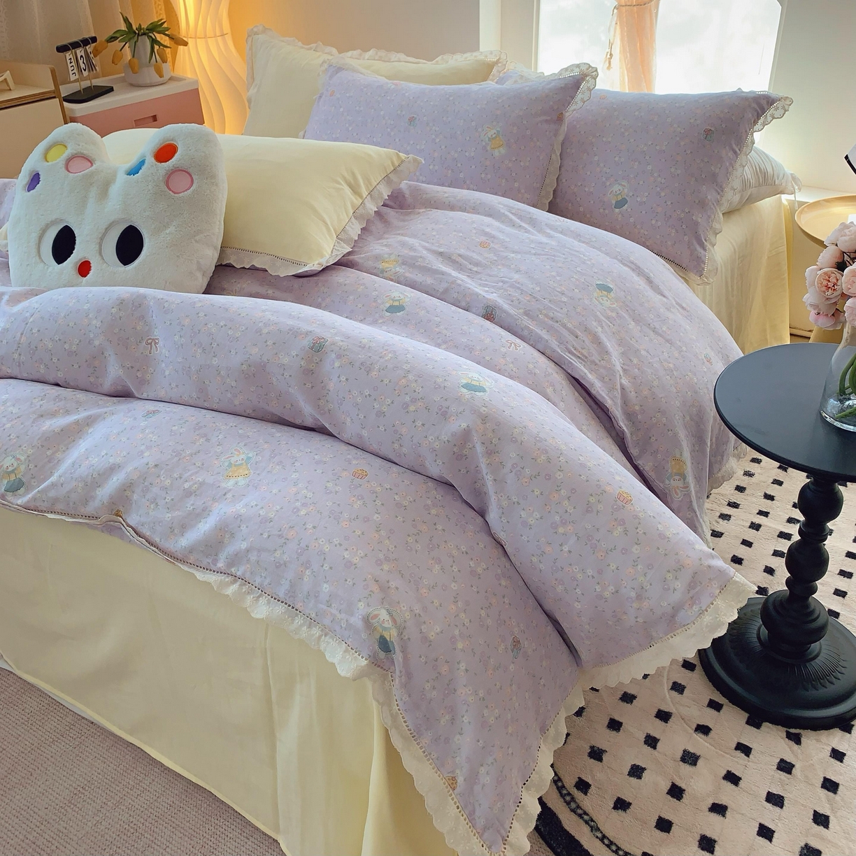 91家纺网 家纺一手货源 找家纺  奈萝家纺  2025新款全棉双层纱花边款四件套 可爱兔仔