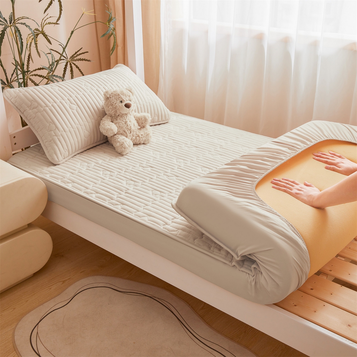 91家纺网 家纺一手货源 找家纺 雯豆家纺 2025新款四季款学生宿舍夹棉床笠上下铺床垫保护套 洛川-奶咖