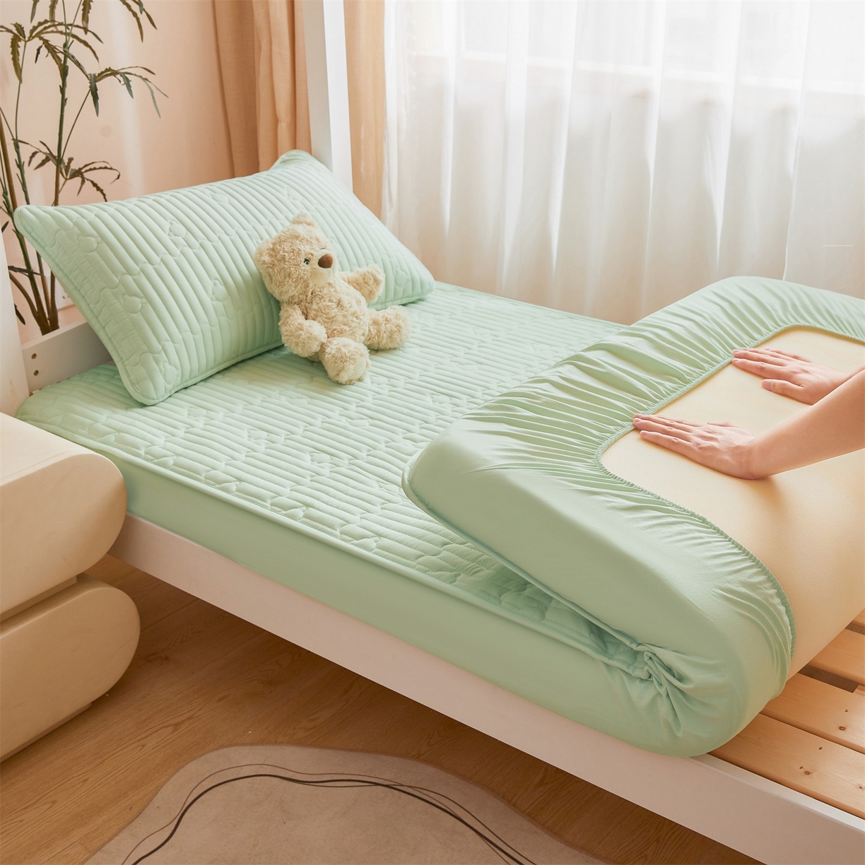 91家纺网 家纺一手货源 找家纺 雯豆家纺 2025新款四季款学生宿舍夹棉床笠上下铺床垫保护套 洛川-清雅绿