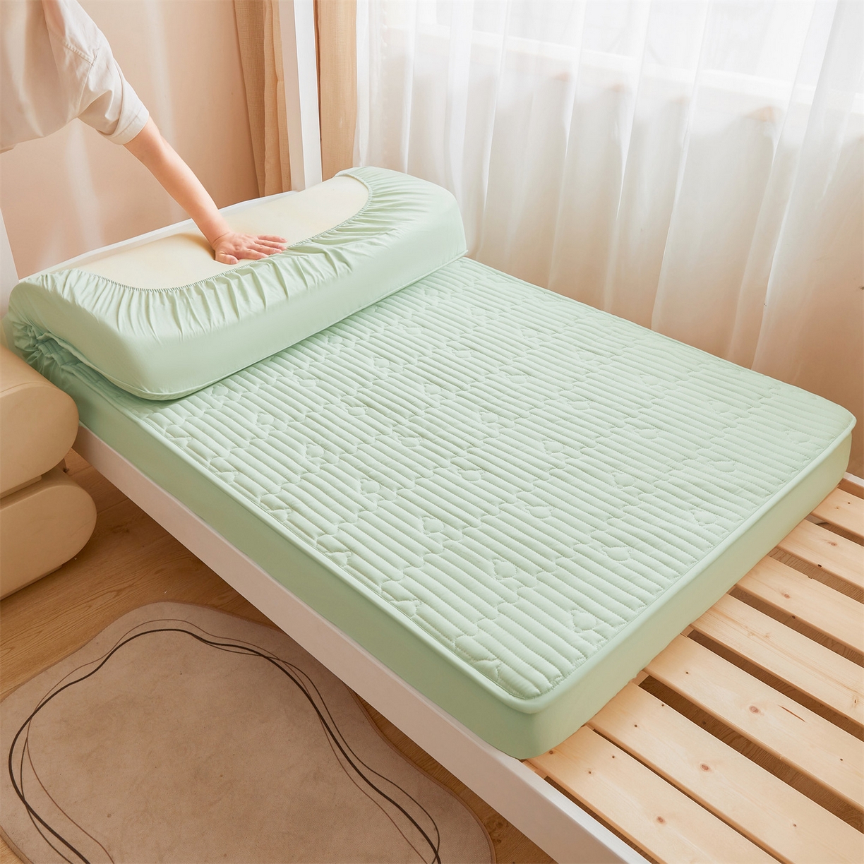 91家纺网 家纺一手货源 找家纺 雯豆家纺 2025新款四季款学生宿舍夹棉床笠上下铺床垫保护套 洛川-清雅绿