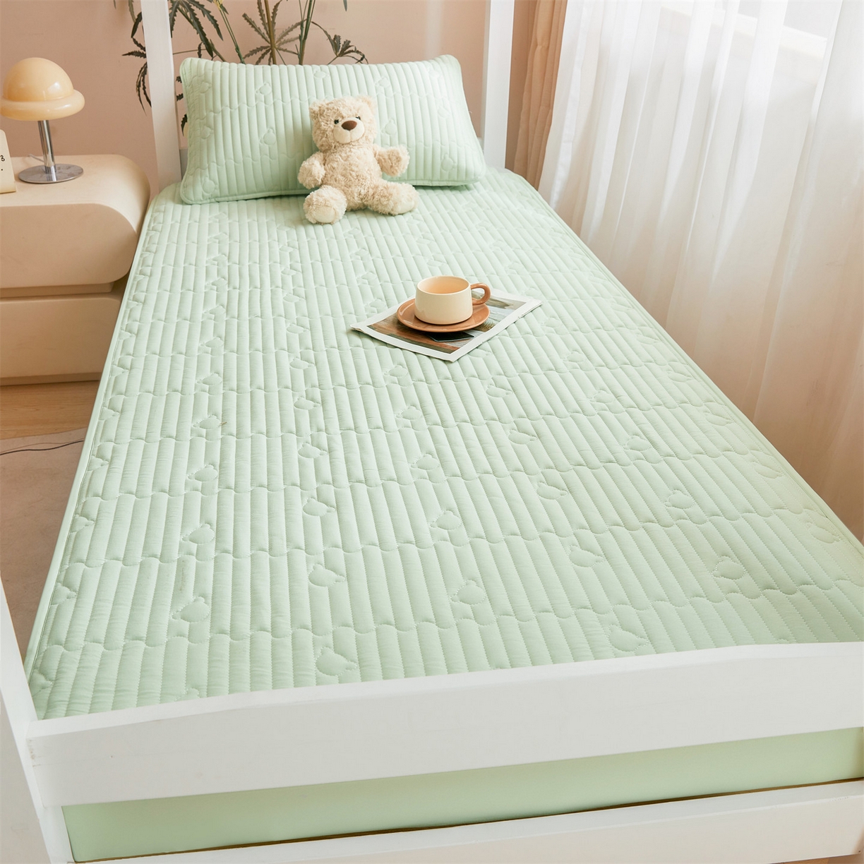 91家纺网 家纺一手货源 找家纺 雯豆家纺 2025新款四季款学生宿舍夹棉床笠上下铺床垫保护套 洛川-清雅绿