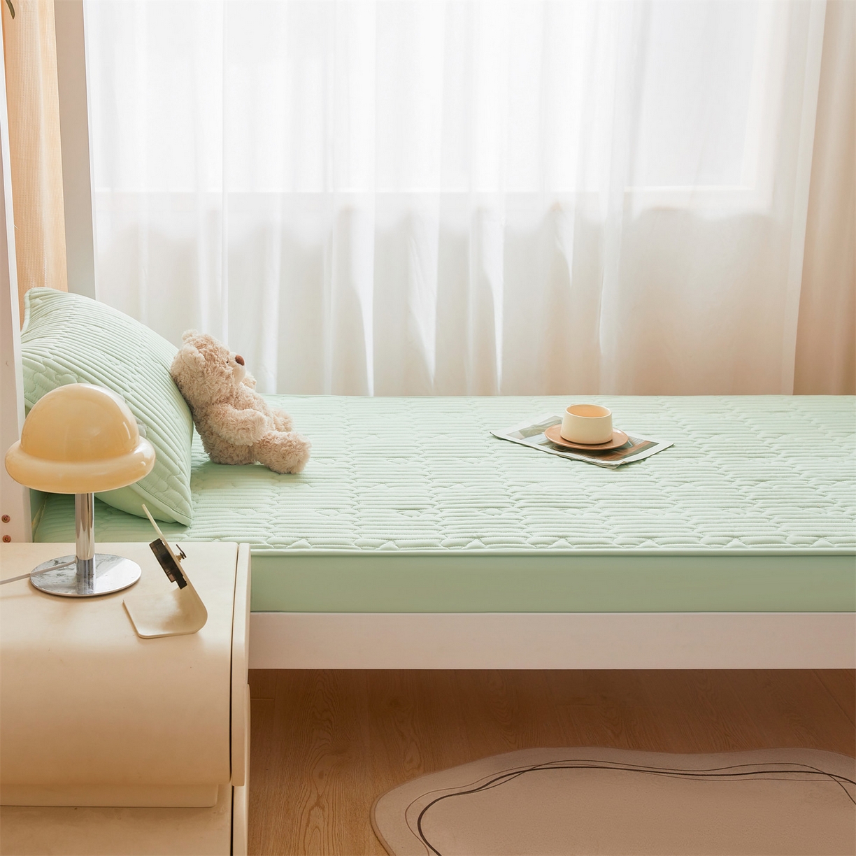 91家纺网 家纺一手货源 找家纺 雯豆家纺 2025新款四季款学生宿舍夹棉床笠上下铺床垫保护套 洛川-清雅绿
