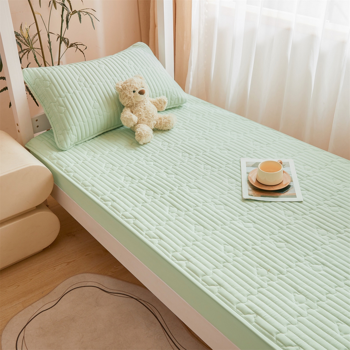 91家纺网 家纺一手货源 找家纺 雯豆家纺 2025新款四季款学生宿舍夹棉床笠上下铺床垫保护套 洛川-清雅绿