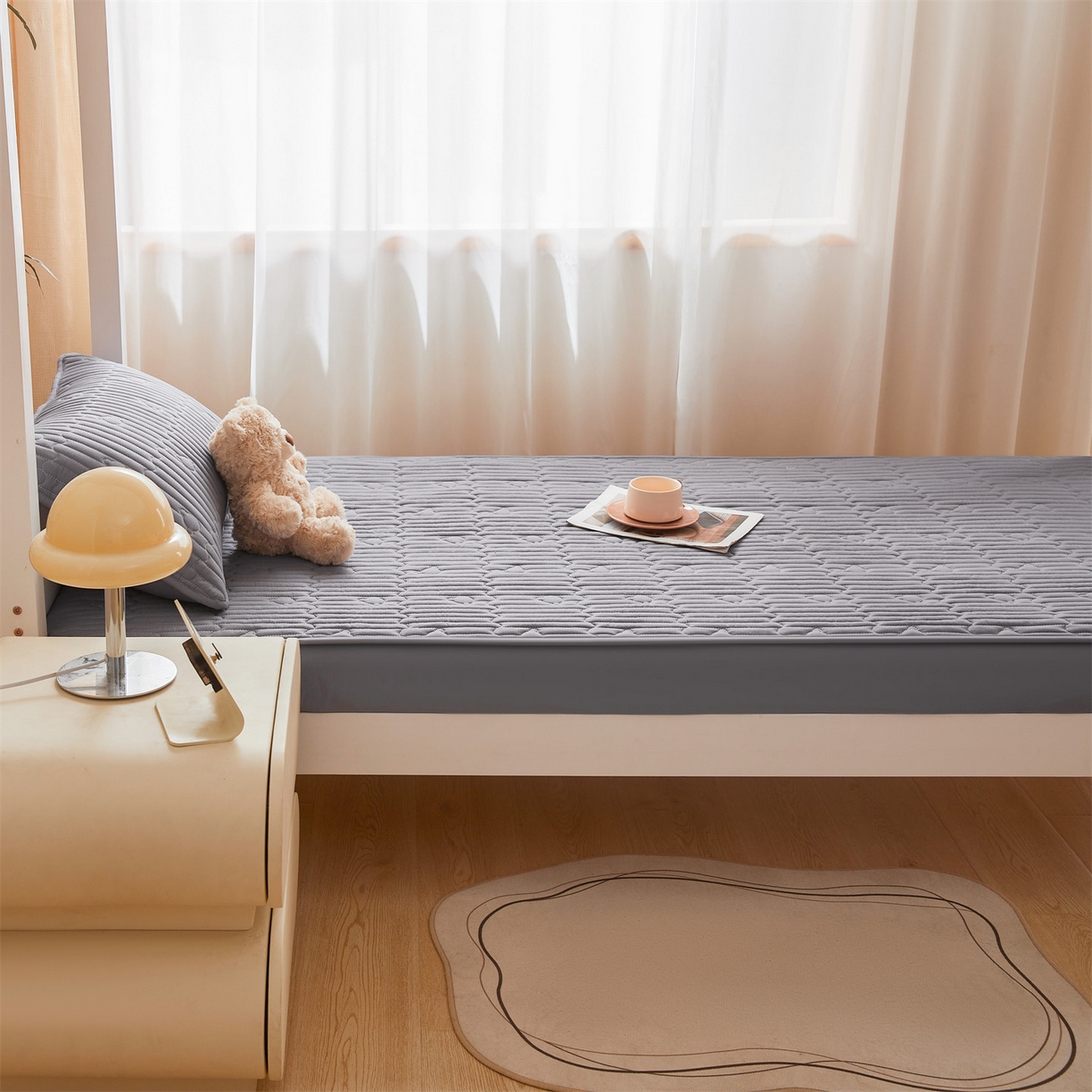 91家纺网 家纺一手货源 找家纺 雯豆家纺 2025新款四季款学生宿舍夹棉床笠上下铺床垫保护套 洛川-深空灰