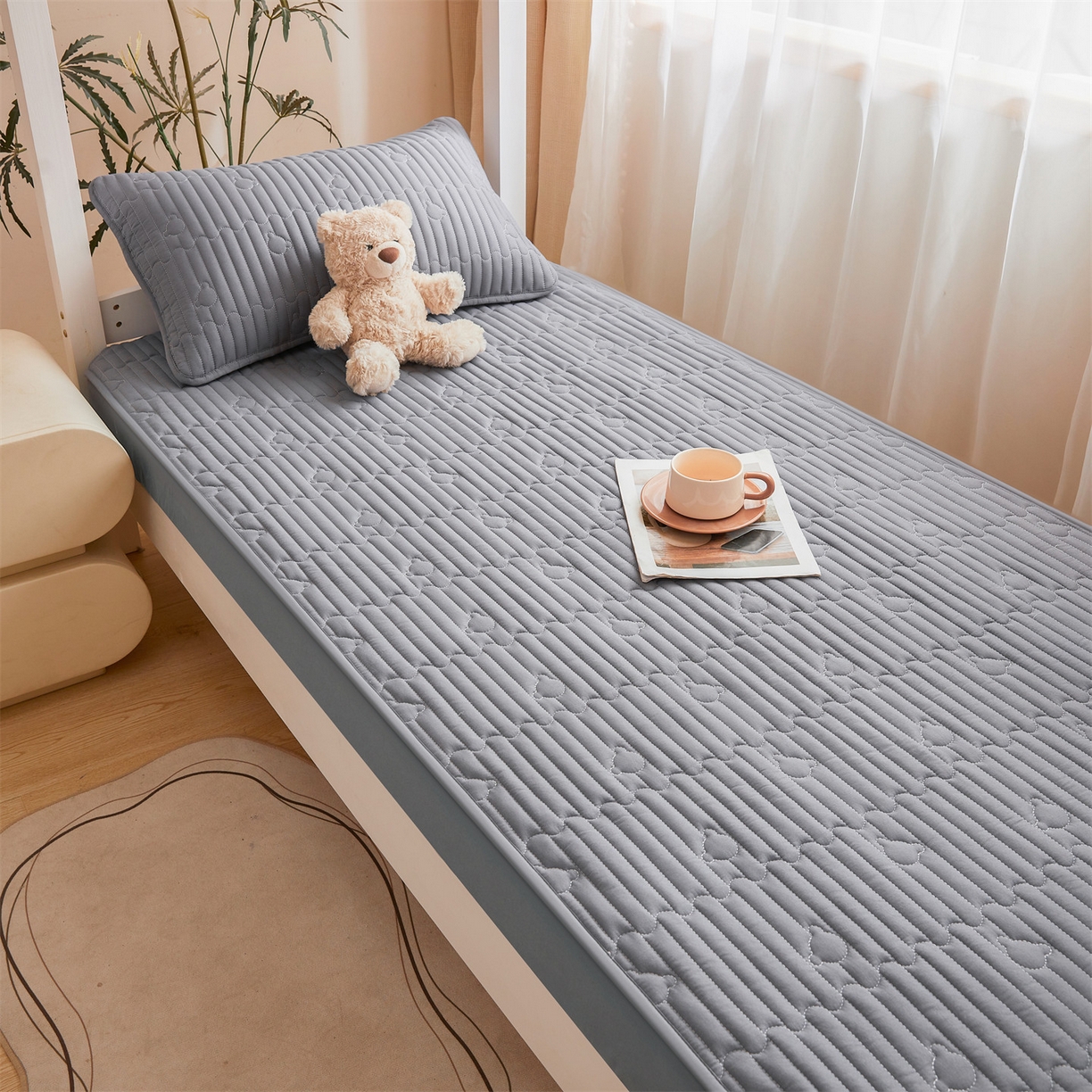 91家纺网 家纺一手货源 找家纺 雯豆家纺 2025新款四季款学生宿舍夹棉床笠上下铺床垫保护套 洛川-深空灰