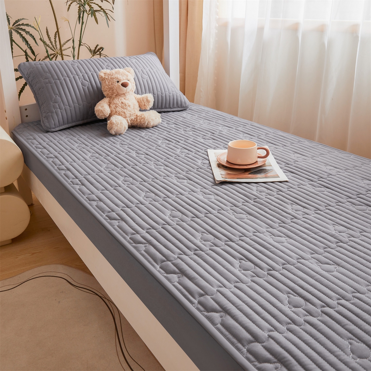 91家纺网 家纺一手货源 找家纺 雯豆家纺 2025新款四季款学生宿舍夹棉床笠上下铺床垫保护套 洛川-深空灰