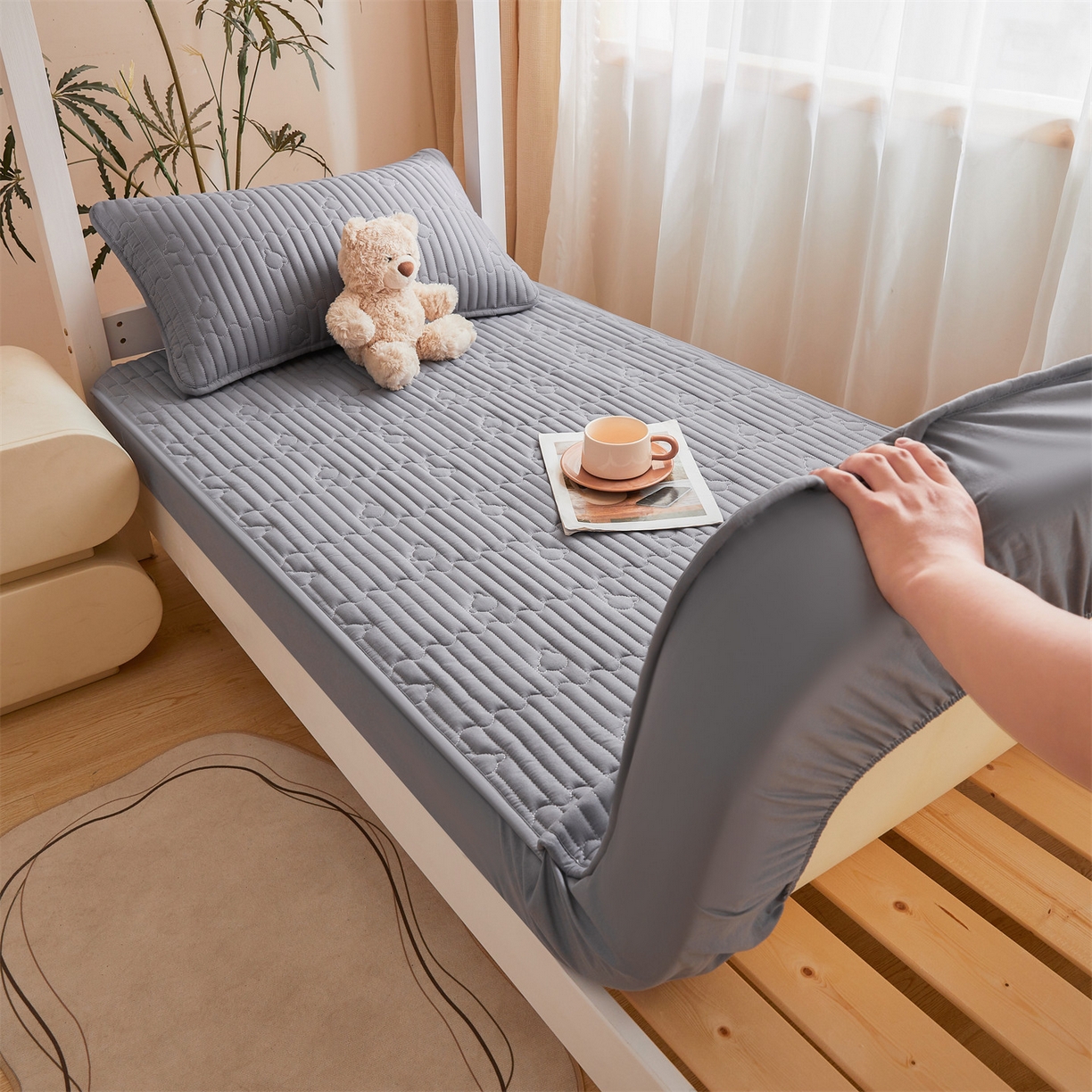 91家纺网 家纺一手货源 找家纺 雯豆家纺 2025新款四季款学生宿舍夹棉床笠上下铺床垫保护套 洛川-深空灰