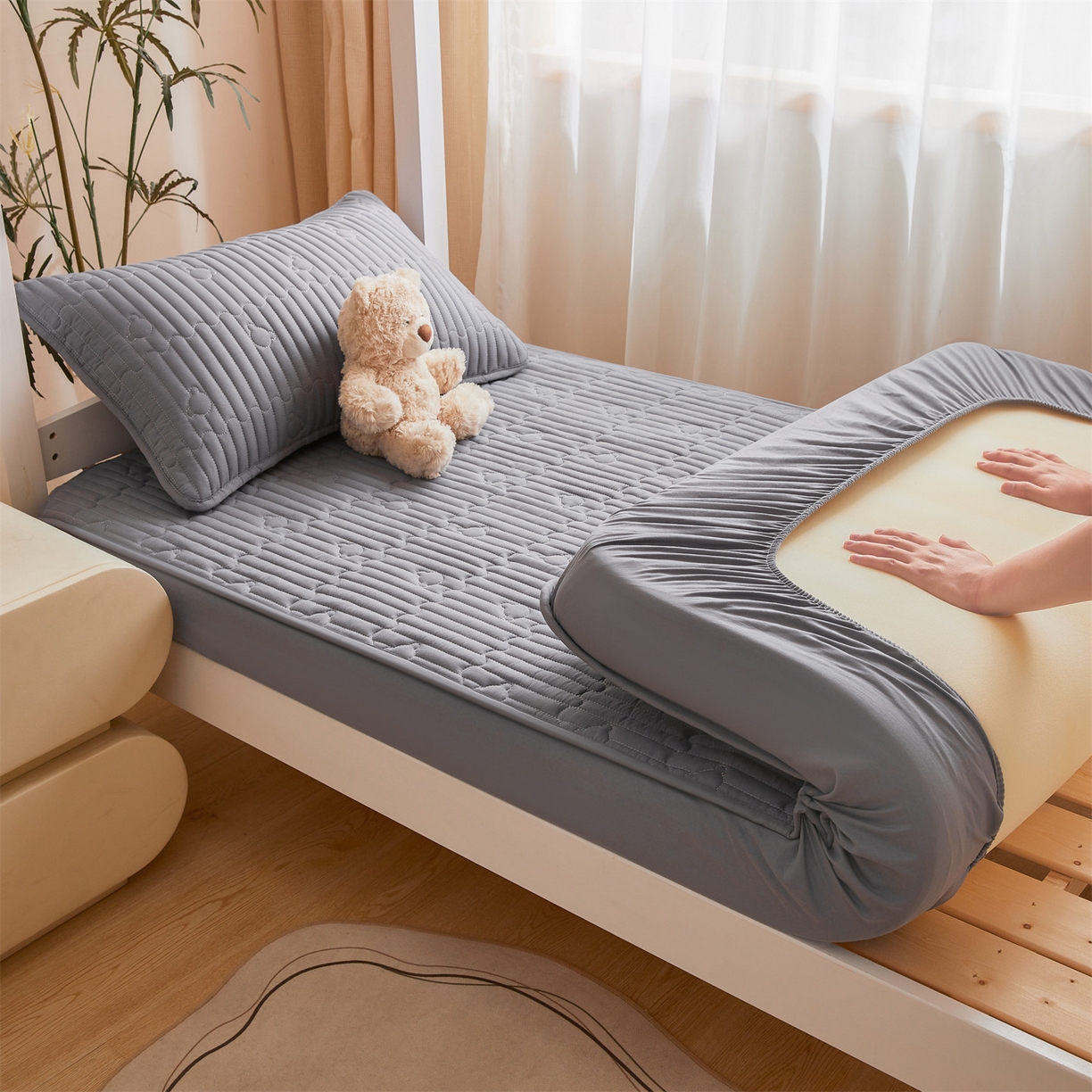 91家纺网 家纺一手货源 找家纺 雯豆家纺 2025新款四季款学生宿舍夹棉床笠上下铺床垫保护套 洛川-深空灰