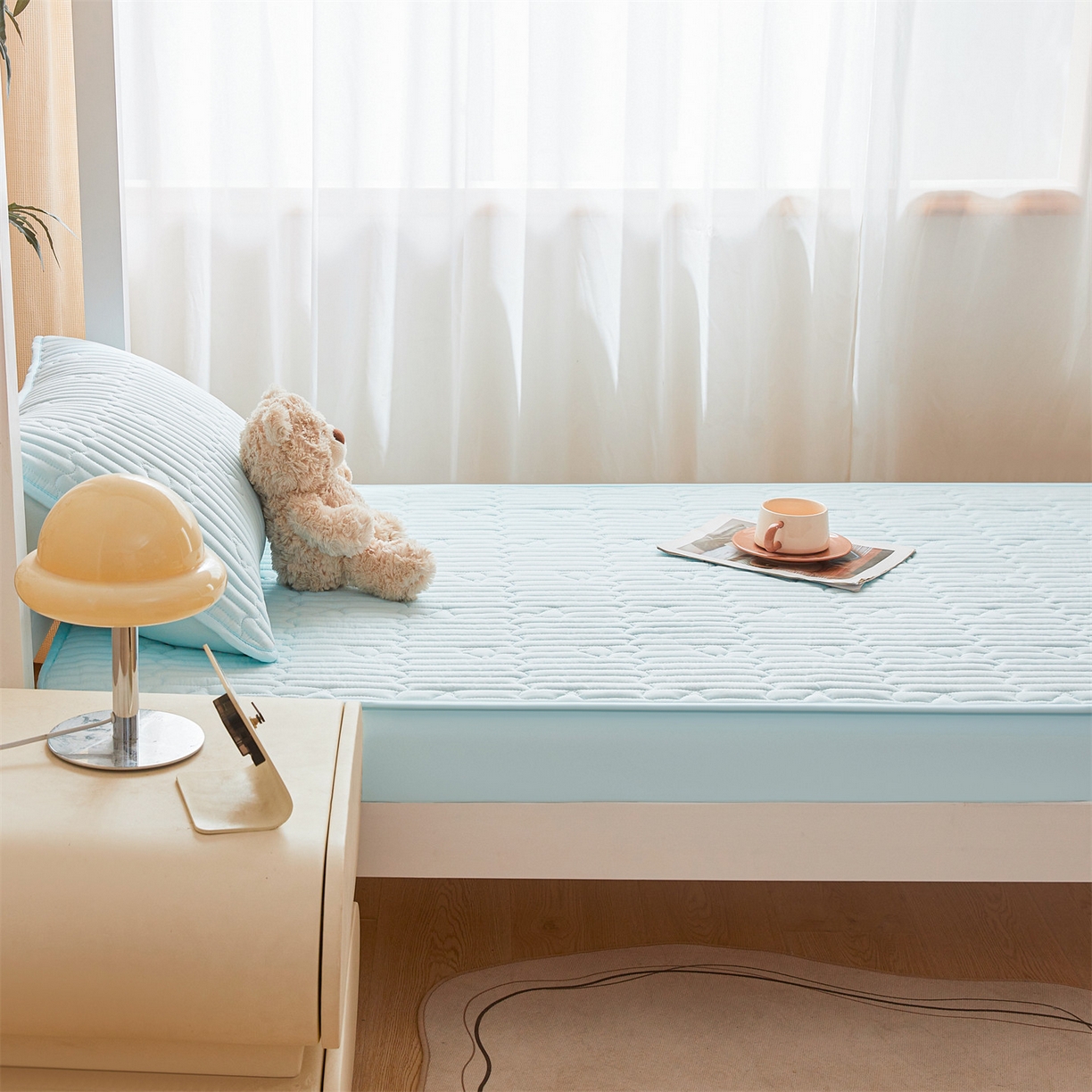 91家纺网 家纺一手货源 找家纺 雯豆家纺 2025新款四季款学生宿舍夹棉床笠上下铺床垫保护套 洛川-淡水蓝