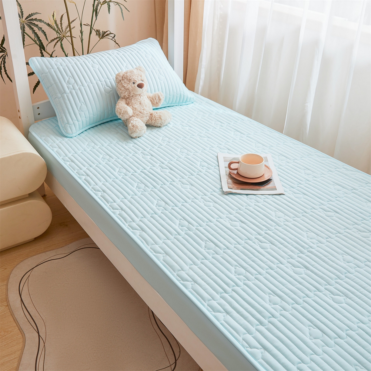 91家纺网 家纺一手货源 找家纺 雯豆家纺 2025新款四季款学生宿舍夹棉床笠上下铺床垫保护套 洛川-淡水蓝