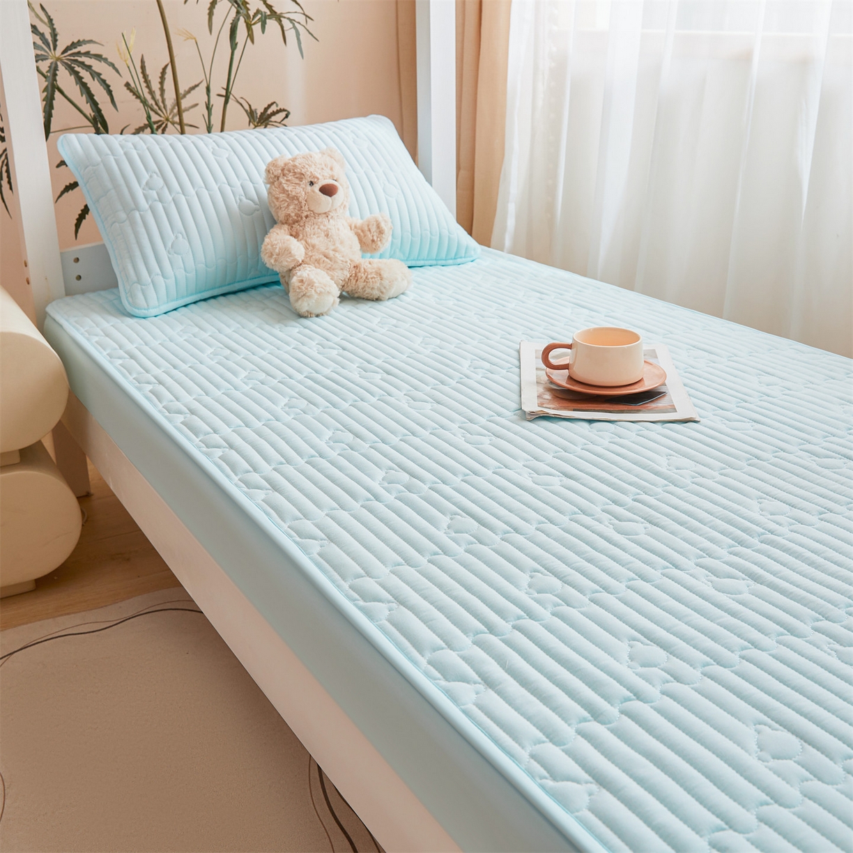 91家纺网 家纺一手货源 找家纺 雯豆家纺 2025新款四季款学生宿舍夹棉床笠上下铺床垫保护套 洛川-淡水蓝