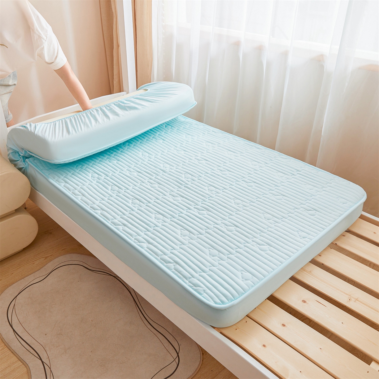 91家纺网 家纺一手货源 找家纺 雯豆家纺 2025新款四季款学生宿舍夹棉床笠上下铺床垫保护套 洛川-淡水蓝