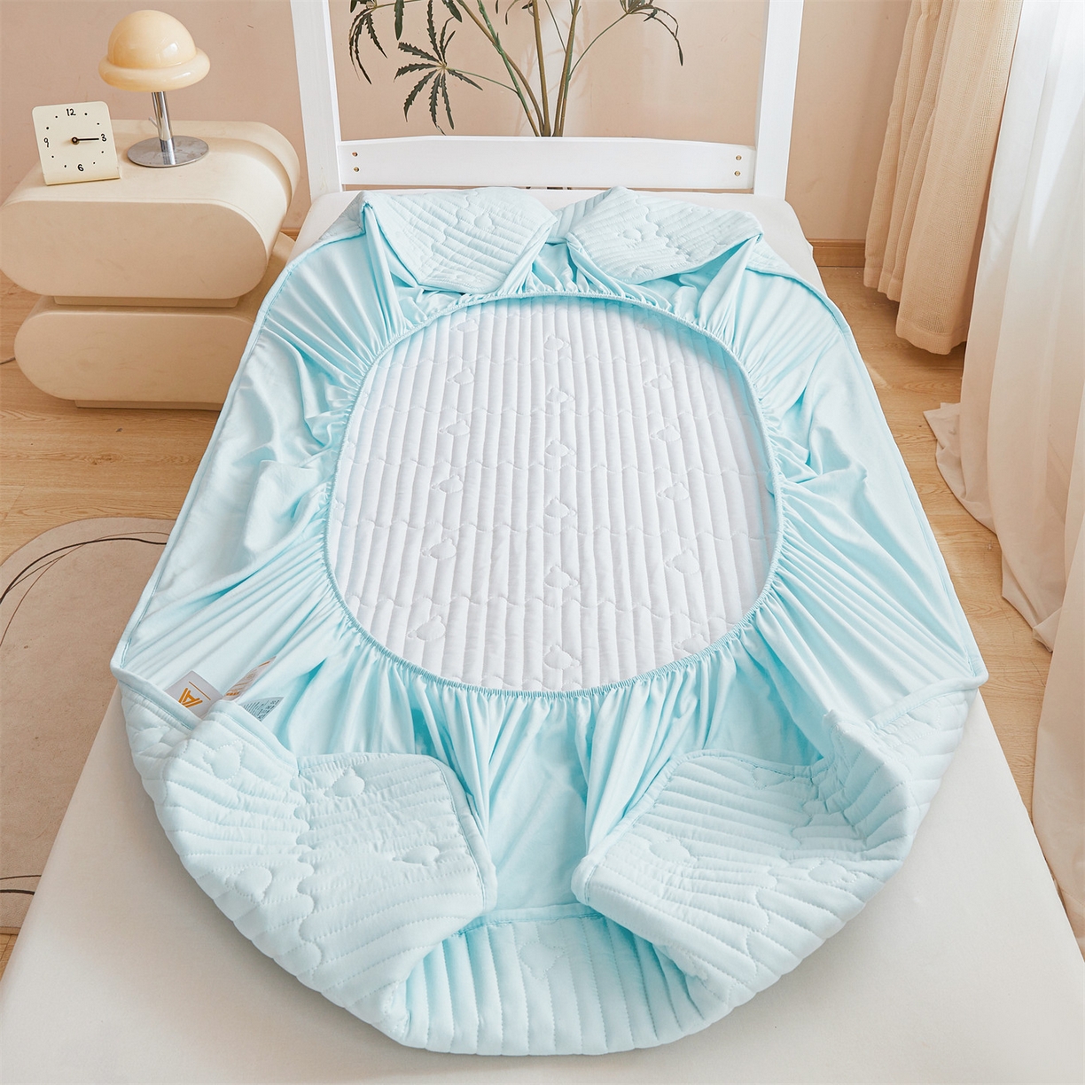 91家纺网 家纺一手货源 找家纺 雯豆家纺 2025新款四季款学生宿舍夹棉床笠上下铺床垫保护套 洛川-淡水蓝