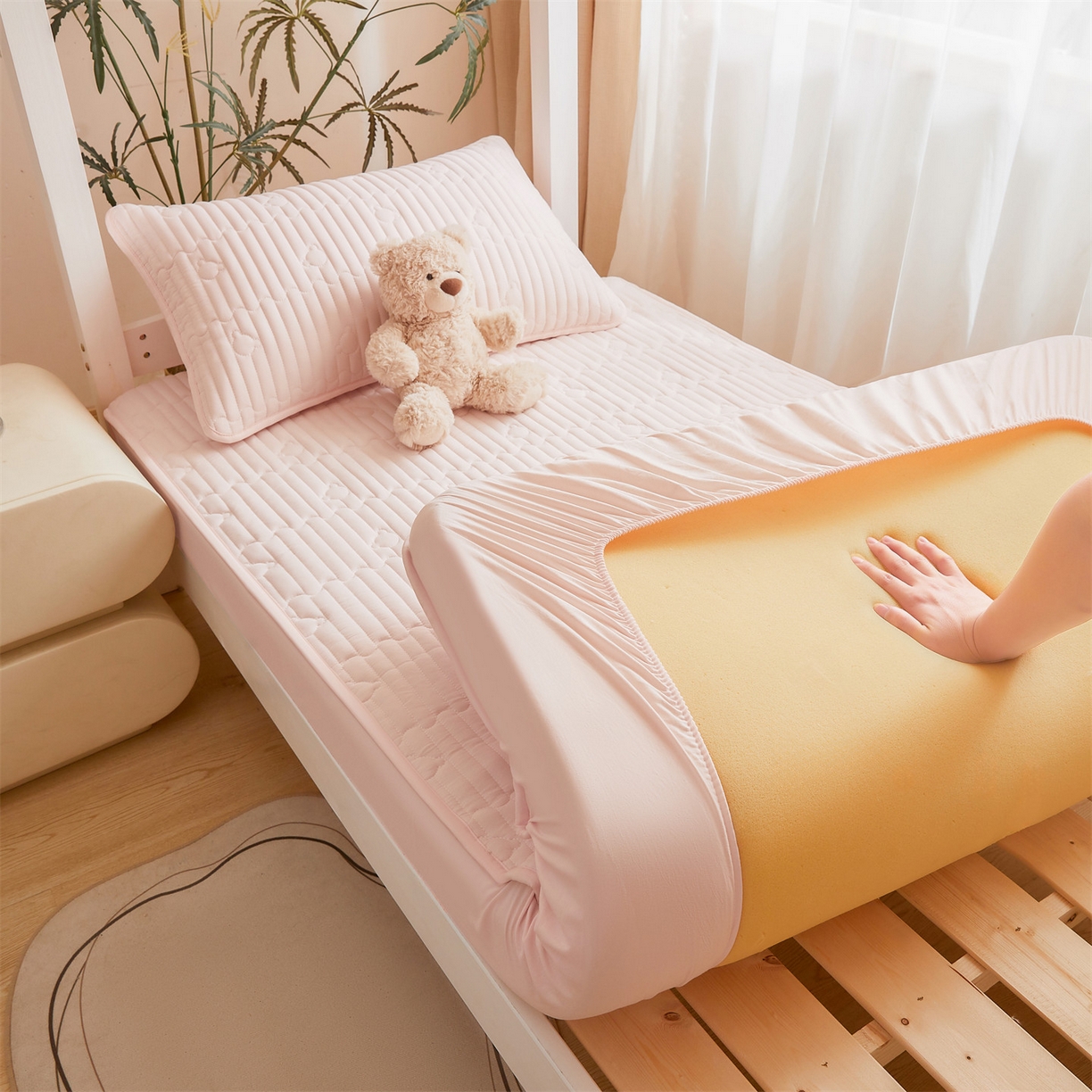 雯豆家纺 2025新款四季款学生宿舍夹棉床笠上下铺床垫保护套 洛川-密合粉