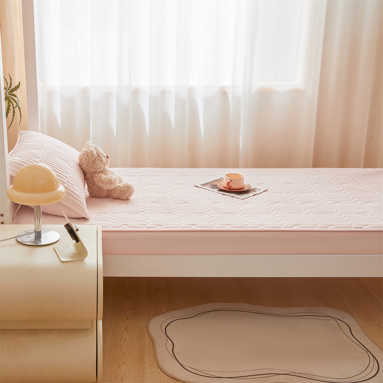 91家纺网 家纺一手货源 找家纺 雯豆家纺 2025新款四季款学生宿舍夹棉床笠上下铺床垫保护套 洛川-密合粉