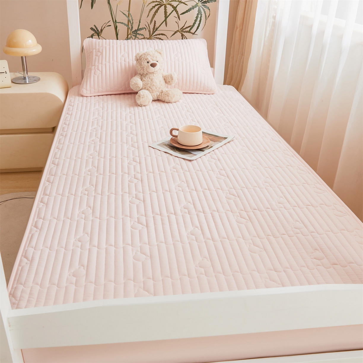 91家纺网 家纺一手货源 找家纺 雯豆家纺 2025新款四季款学生宿舍夹棉床笠上下铺床垫保护套 洛川-密合粉