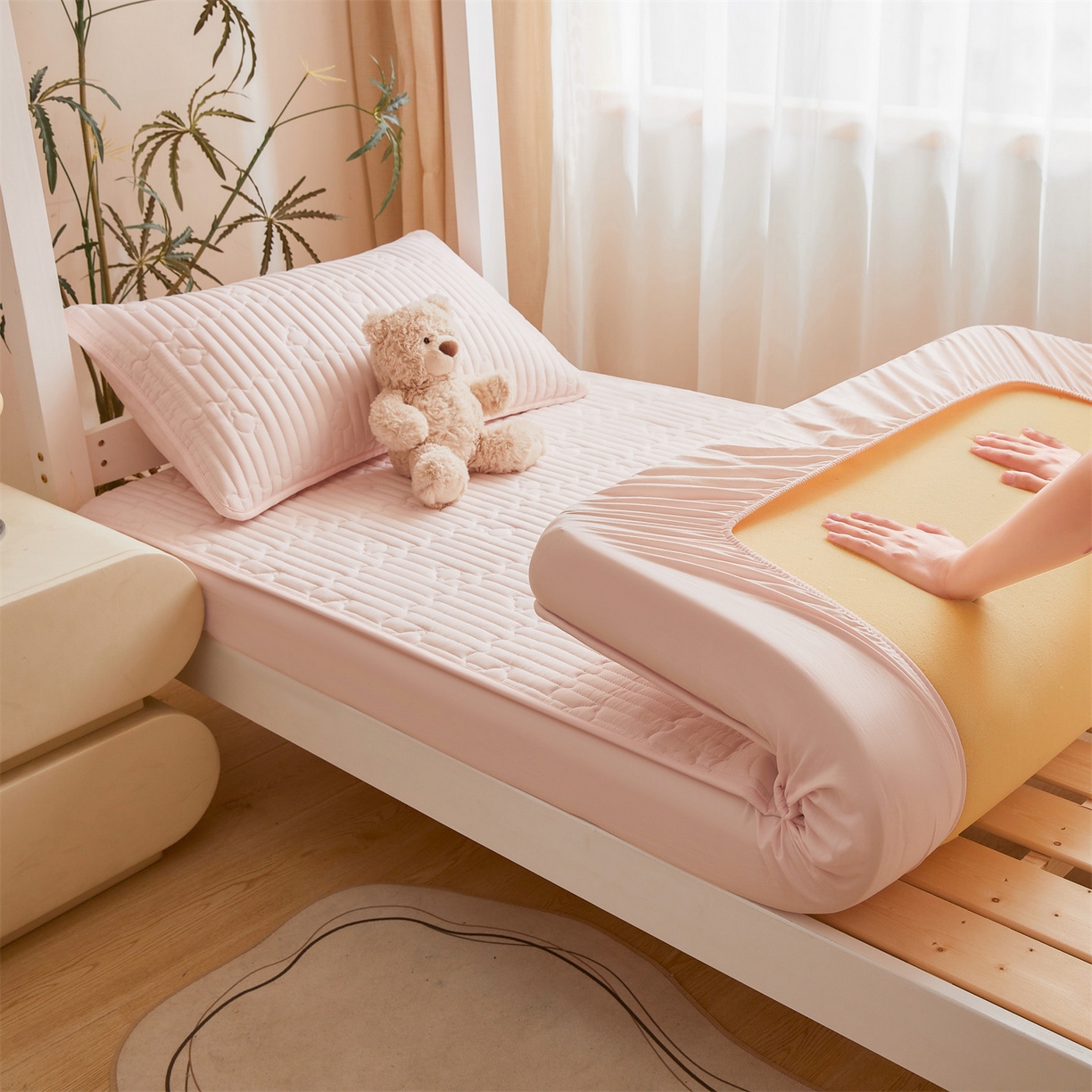 91家纺网 家纺一手货源 找家纺 雯豆家纺 2025新款四季款学生宿舍夹棉床笠上下铺床垫保护套 洛川-密合粉