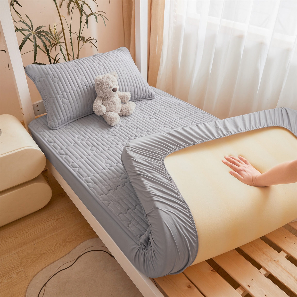 雯豆家纺 2025新款四季款学生宿舍夹棉床笠上下铺床垫保护套 洛川-暮云灰