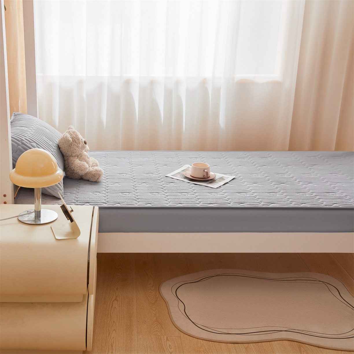 91家纺网 家纺一手货源 找家纺 雯豆家纺 2025新款四季款学生宿舍夹棉床笠上下铺床垫保护套 洛川-暮云灰