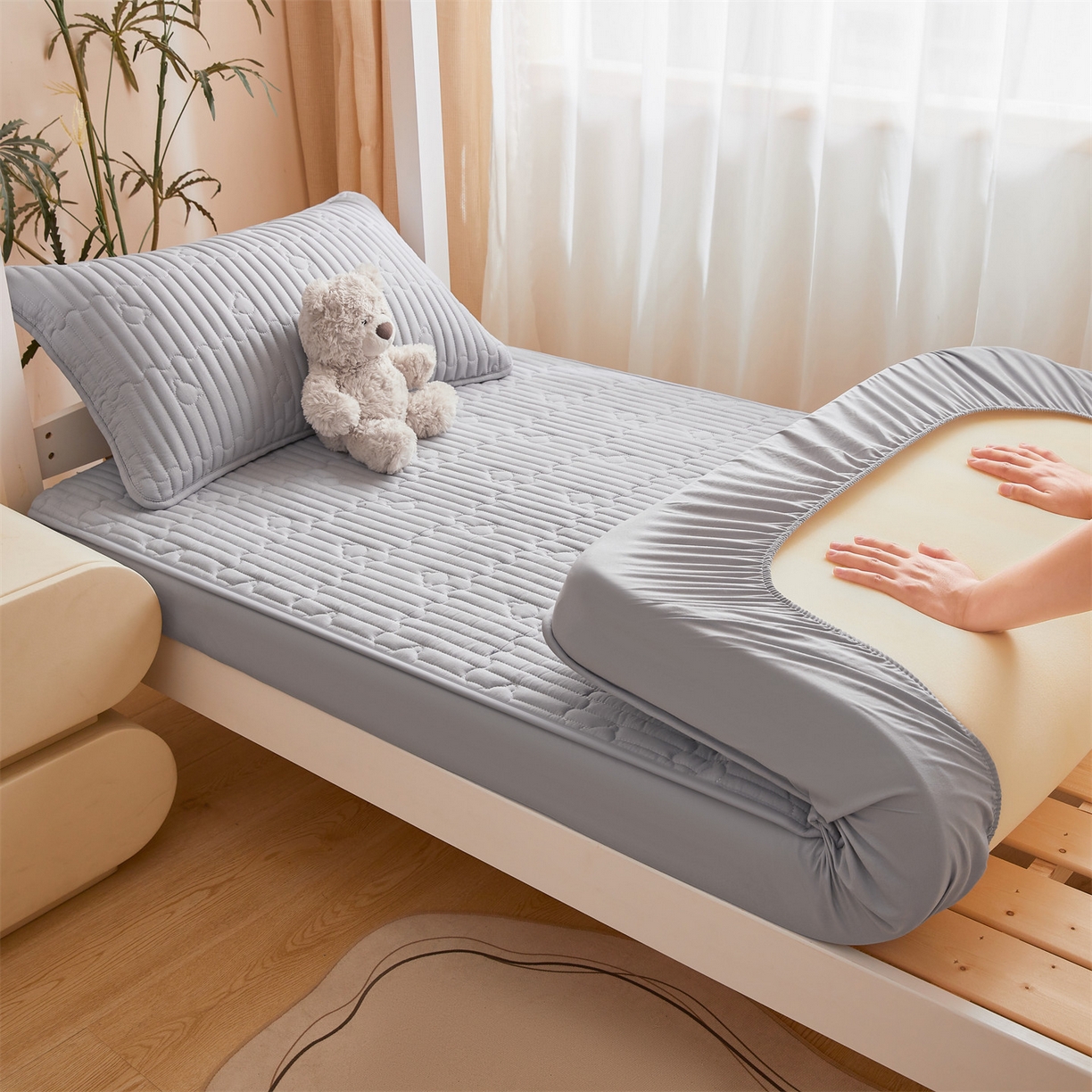 91家纺网 家纺一手货源 找家纺 雯豆家纺 2025新款四季款学生宿舍夹棉床笠上下铺床垫保护套 洛川-暮云灰