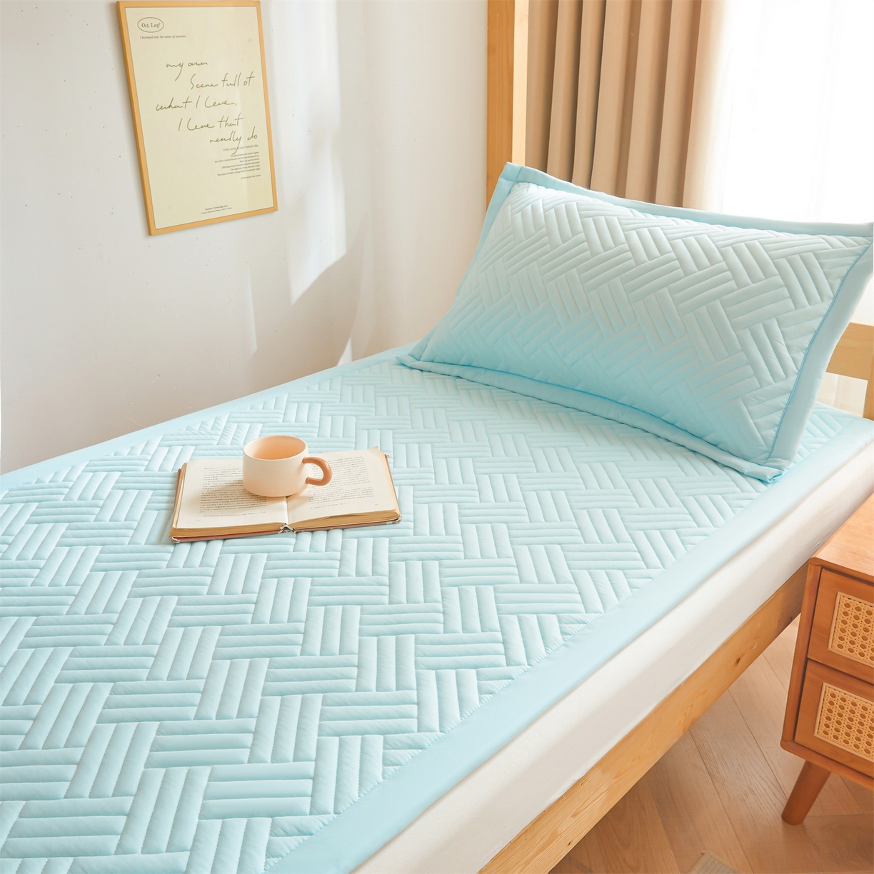 雯豆家纺 2025新款学生宿舍夹棉床褥薄垫子上下铺床单人床护垫 摩登-淡水蓝