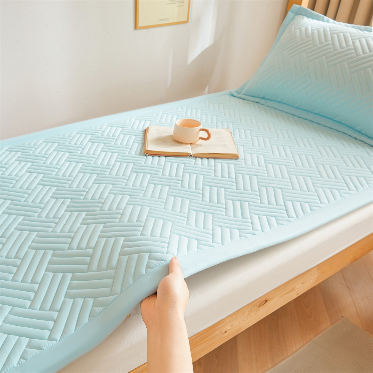 91家纺网 家纺一手货源 找家纺 雯豆家纺 2025新款学生宿舍夹棉床褥薄垫子上下铺床单人床护垫 摩登-淡水蓝