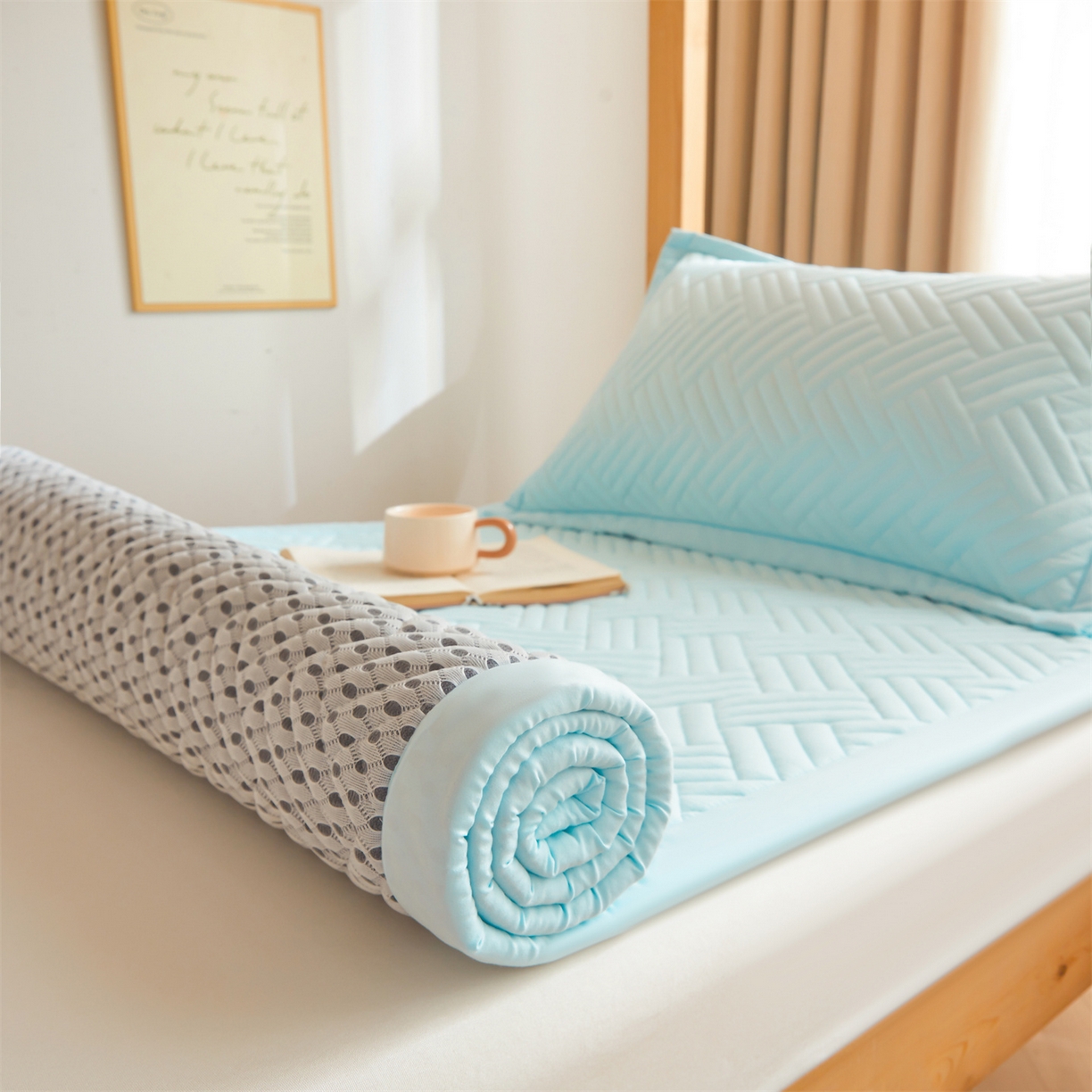 91家纺网 家纺一手货源 找家纺 雯豆家纺 2025新款学生宿舍夹棉床褥薄垫子上下铺床单人床护垫 摩登-淡水蓝