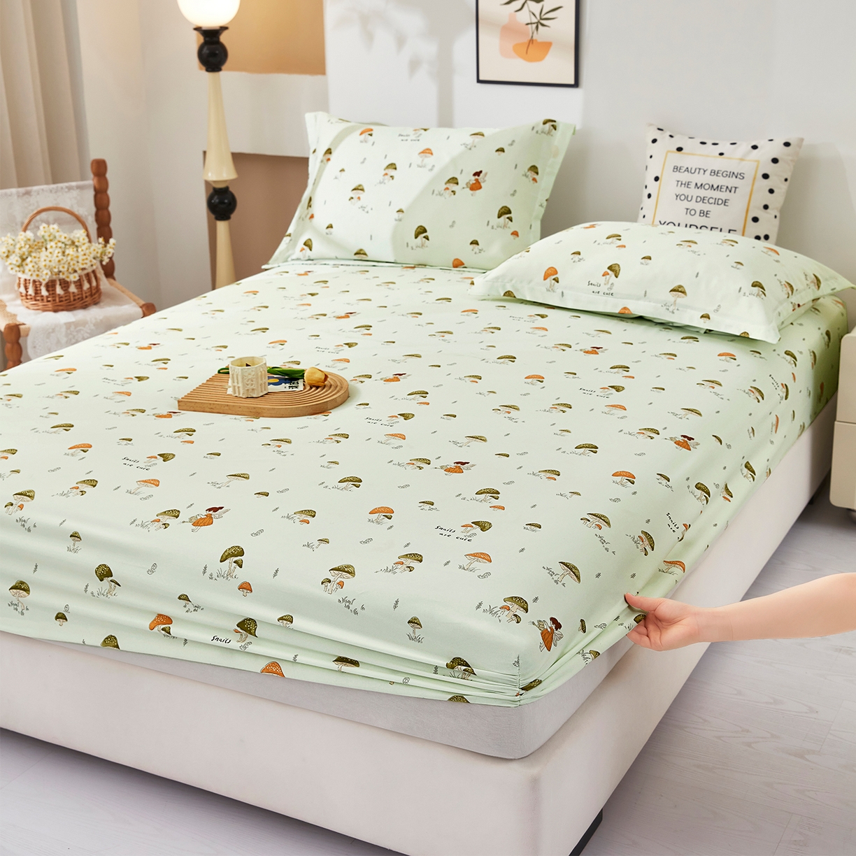 91家纺网 家纺一手货源 找家纺 乐居家纺 2025新款针织棉双层纱单件床笠 蘑菇精灵