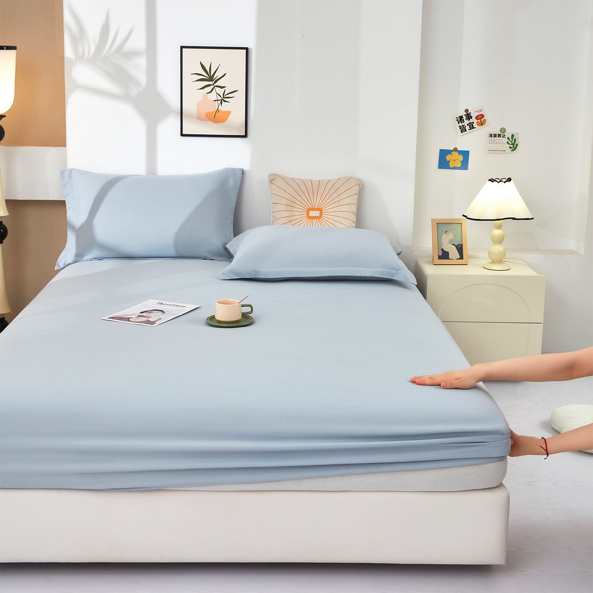 91家纺网 家纺一手货源 找家纺 乐居家纺 2025新款针织棉双层纱单件床笠 海蓝