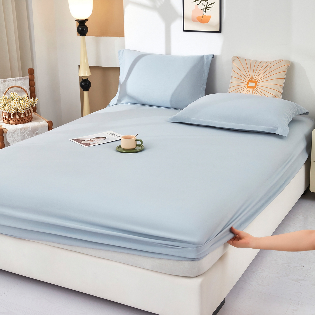 91家纺网 家纺一手货源 找家纺 乐居家纺 2025新款针织棉双层纱单件床笠 海蓝